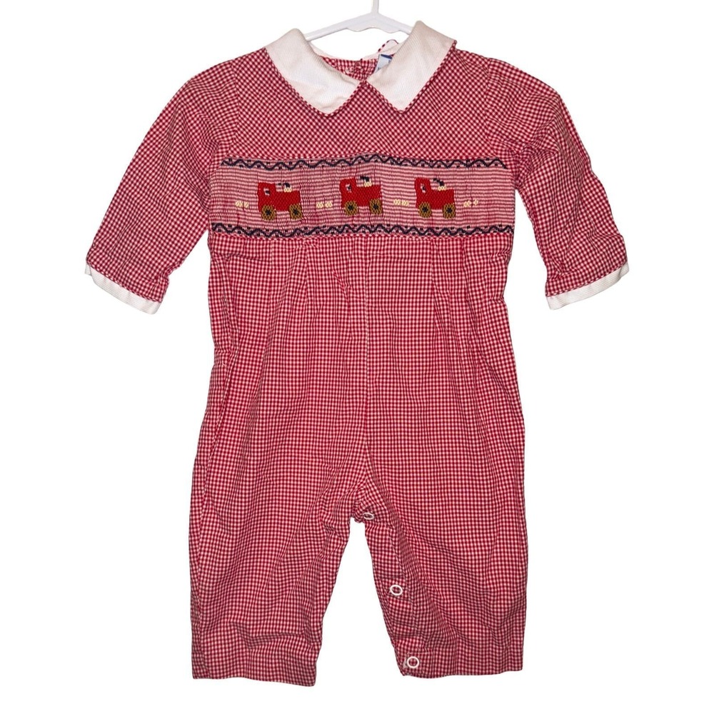 Carriage Boutique 3mo Red Gingham Hand Smocked Romper Fire Truck Embroidered